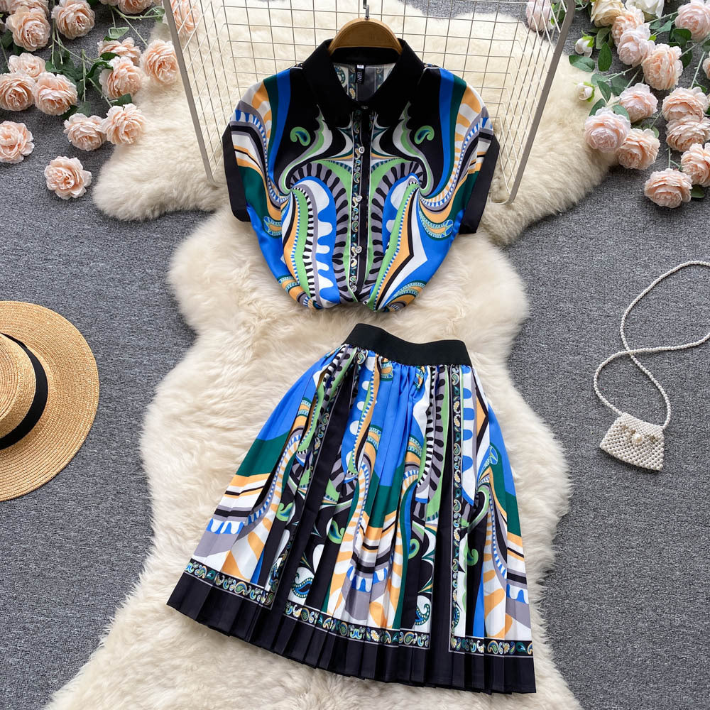 New Women's Ethnic Style Printed Shirt Top High Waist Thin Pleated Skirt Half Skirt