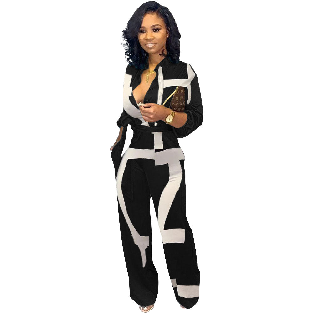 European And American Women's Wear Cardigan  Printing One-piece Pants Jumpsuit
