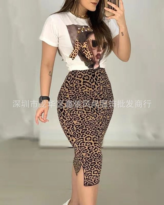 Women's Summer New Casual T-shirt Leopard Irregular Skirt Set