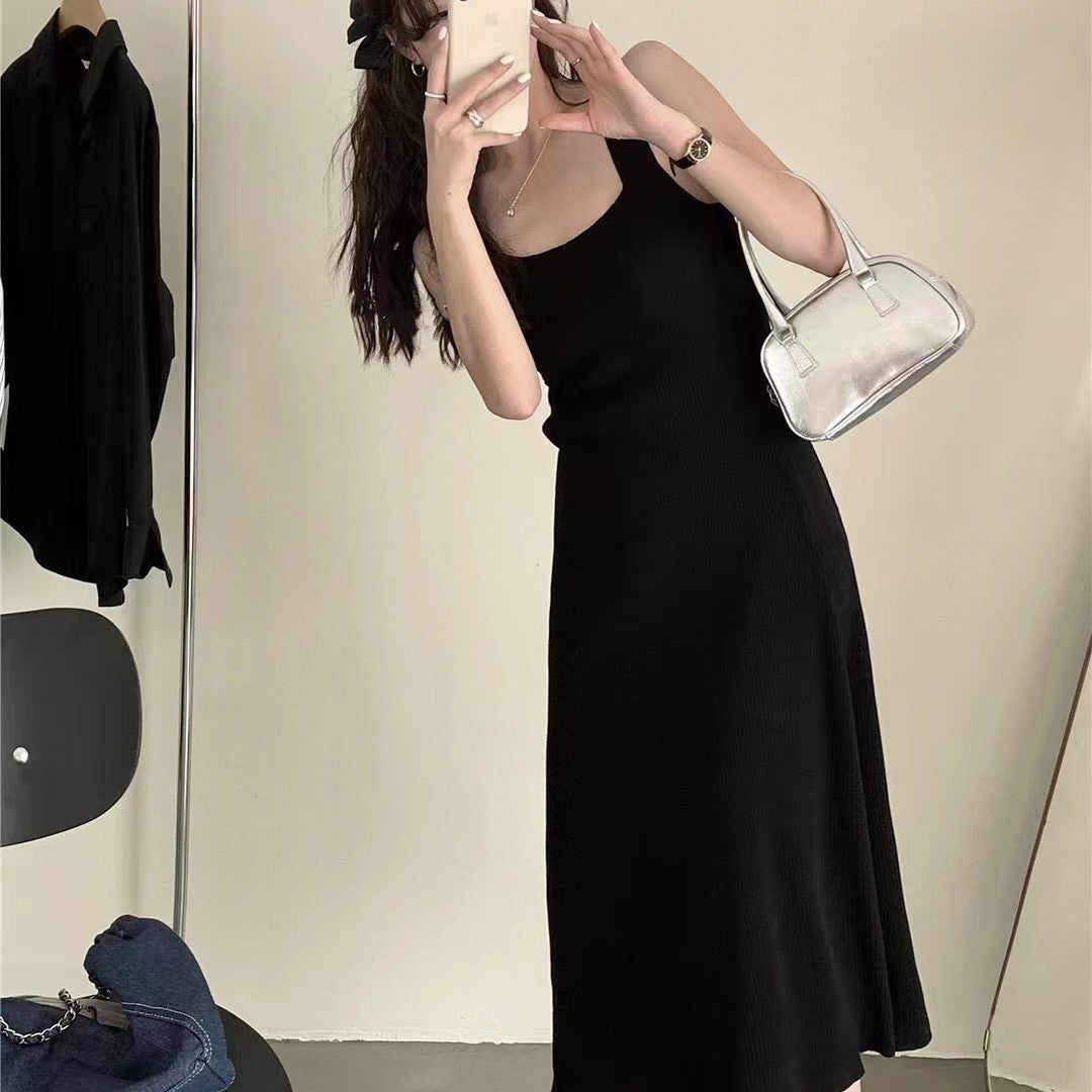 Black Underlay Knitted Sling Dress Korean Version Loose Fat MM Covering Tank Top Skirt Temperament Waist Long Dress