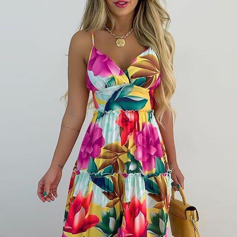 Women's New Fashion Sexy V-Neck Temperament Print Long With Sling Dress