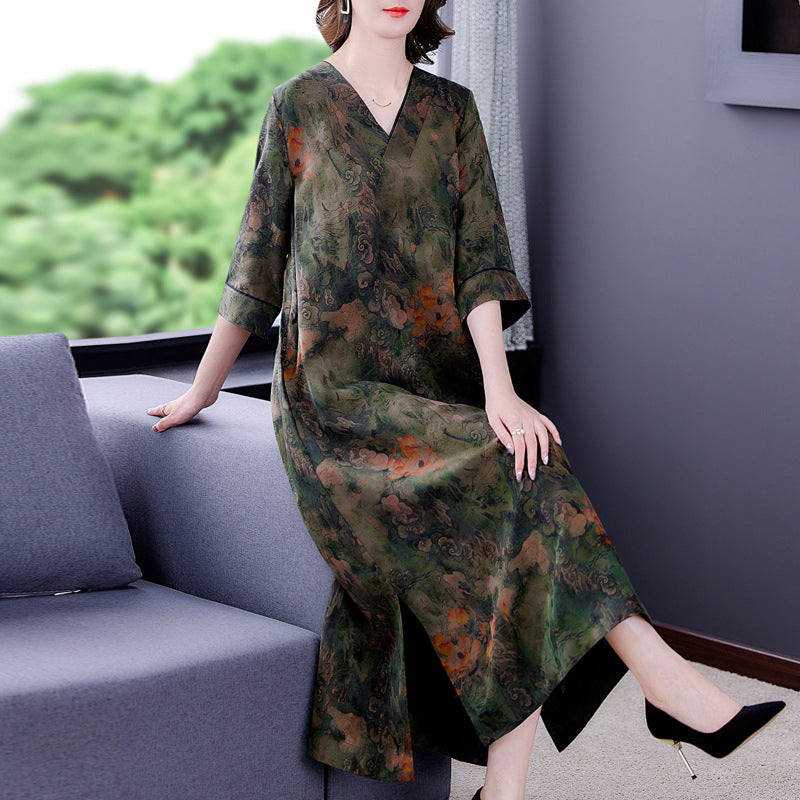 New Flower Female Brand High-grade Imitation Silk Mulberry Silk Loose And Thin Dress