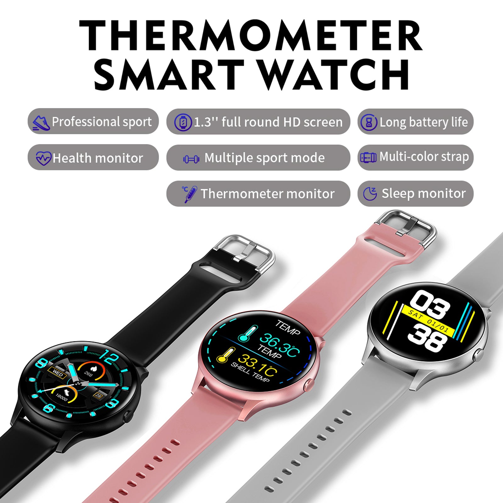 K21 Smart Watch Body Thermometer Fitness Tracker Bracelet Smart Sport Band Heart Rate Sleep Monitor Wristband Blood Pressure Test Color Screen IP67 Waterproof Message Push