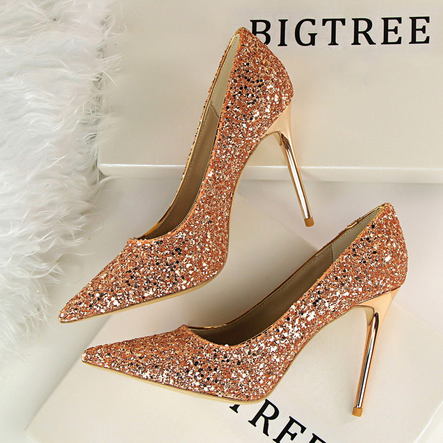 Women's Shallow Mouth Pointed Toe Shiny Sequins Sexy Slim Nightclub Single Shoes